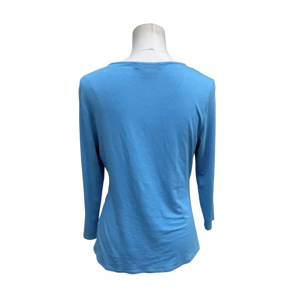 Etcetera Womens M Turquoise Blue Ruched V Neck 3/4 Sleeve Stretch Top
